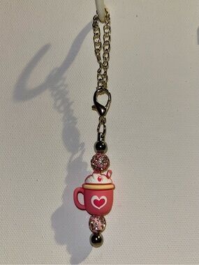 Pink Hot Chocolate/Coffee Mug w/Hearts Cup Charm Featuring Pink Rhinestone Beads